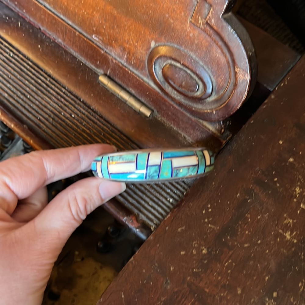 Vintage Native American Navajo Aaron Toadlena Turquoise Silver Inlay Bracelet - Picture 9 of 17